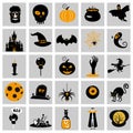 Set Halloween icons and illustrations colorful pumpkins bat, owl, ghost, pot, moons, hat, gravestones, scary tree, cat Royalty Free Stock Photo