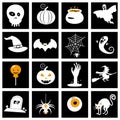 Set Halloween icons and illustrations colorful pumpkins bat, owl, ghost, pot, moons, hat, gravestones, scary tree, cat Royalty Free Stock Photo