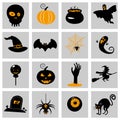 Set Halloween icons and illustrations colorful pumpkins bat, owl, ghost, pot, moons, hat, gravestones, scary tree, cat Royalty Free Stock Photo