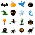 Set Halloween icons and illustrations colorful pumpkins bat, owl, ghost, pot, moons, hat, gravestones, scary tree, cat Royalty Free Stock Photo