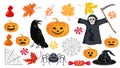 Set of halloween illustrations. Spider web, scary pumpkin Jack, black raven, candy, autumn leaves, witch hat, evil spider. Royalty Free Stock Photo