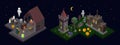 Set of Halloween isometric elements. Castle, tower, witch, ghost