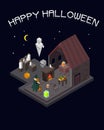 Set of Halloween isometric house with witch, ghost, spell books, poison and fireplace. Vector illustration