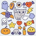 Set of halloween kawaii cute doodles and objects