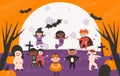 Set of Halloween Kids Costume Party. Cute different nationalites girls and boys in vampire, bat, devil,ghost, mermaid