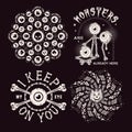 Set of halloween labels with monsters, eyeballs, bones, pumpkin, candy, silhouette of skull, round halftone shapes, text