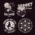 Set of halloween labels with pretty young witch, broomstick, moon, silhouette of bat, cat, stars, cauldron, eyeballs