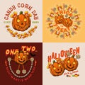 Set of halloween labels with sweets, candy corn, bones, bat, text, pumpkins like human characters such as happy kids Royalty Free Stock Photo