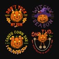 Set of halloween labels with sweets, candy corn, bones, bat, witch hat, text, pumpkins like human characters Royalty Free Stock Photo