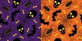 Halloween pattern with silhouettes of skulls, bats