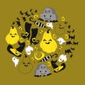 Set of Halloween paraphernalia in black and yellow tones on mustard background, includes witch`s clothes, pumpkins, ghosts,