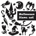 Set of Halloween paraphernalia, includes witch hat, witch boots, umbrella, broom, cat, bat, moon, house. For designing Halloween Royalty Free Stock Photo