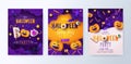 Set of Halloween party invitations, greeting cards, or posters with calligraphy, cutest pumpkins, bats and candy in night clouds Royalty Free Stock Photo