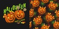 Set of halloween pattern, emblem with candy, pumpkins like freckled kids face, silhouette of spider web, text