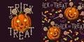 Set of halloween pattern and logo with candy, bat, sweeets, pumpkin stylized as freckled kids face, text