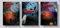 Set Halloween posters or banners dark background graveyard with ghost and zombie hand, young witch flying decoration pumpkin. Royalty Free Stock Photo