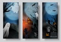 Set Halloween posters or banners, graveyard with ghost and zombie hand. Vector Royalty Free Stock Photo