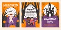 Set of Halloween posters, greeting or post cards, banners, background. Dark forest, cemetery, dry trees, buts, big moon