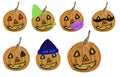 Set of halloween pumpkins with cute faces and accessories. Halloween concept. Utensil, stationery, mug, passport design and print.