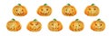 Set of halloween pumpkins, with funny faces on white background. Autumn holidays.