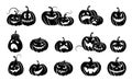 Set of halloween pumpkins. Variety terrifying scary pumpkins. Black silhouette isolated.