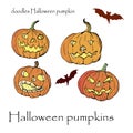 Set of Halloween pumpkins,  images on white background, doodles Royalty Free Stock Photo