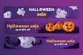Set of halloween sale horizontal banners with pumpkins, ghosts and bats Royalty Free Stock Photo