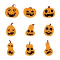 Set of Halloween scary pumpkins. Illustration of Jack-o-lantern facial expressions. Simple collection spooky horror images of Royalty Free Stock Photo