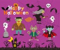 Set of halloween sign, symbol, objects, items and funny monsters.