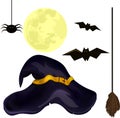 Set for Halloween spider, broom, witch hat, bat, moon. On a white background Royalty Free Stock Photo