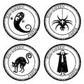 Set Halloween Stamp Postal. Icon Ghost Spider Cat Vampire Silhouette Seal. Grunge Texture. Passport Round Design. Vector