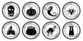 Set Halloween Stamp Postal. Icon Pumpkin Cauldron Scull Castle Cat Vampire Ghost Spider Silhouette Seal. Grunge Texture