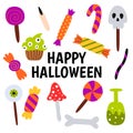 Set halloween sweets. Cupcake, lollipops, candies, sugar cane and cookies. Trick or treat elements. Holiday design. Royalty Free Stock Photo