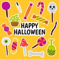 Set halloween sweets stickers. Cupcake, lollipops, candies, sugar cane and cookies. Trick or treat elements. Holiday Royalty Free Stock Photo