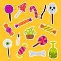 Set halloween sweets stickers. Cupcake, lollipops, candies, sugar cane and cookies. Trick or treat elements. Holiday