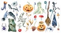 Set of Halloween symbols watercolor illustration isolated on white background. Royalty Free Stock Photo