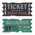 Set of Halloween tickets isolated. Different color hand drawn template of coupon, invitation. Silhouette of bat, mushroom, bones,