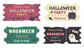 Set of Halloween tickets template with color text.Traditional hand drawn coupon and invitation. Cute ghost, silhouette of bat, Royalty Free Stock Photo