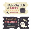 Set of Halloween tickets template with colorful text.Traditional hand drawn coupon isolated. Cute smily ghost, silhouette of bat, Royalty Free Stock Photo