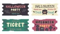 Set of Halloween tickets template with text. Traditional hand drawn coupon isolated. Tomb, spooky cemetery, silhouette of bat,
