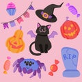 Set of Halloween vector elements in pink