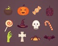 Set Halloween vector illustrations in cartoon style. Funny pumpkin, skeleton, zombie.