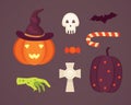 Set Halloween vector illustrations in cartoon style. Funny pumpkin, skeleton, zombie.