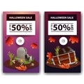 Set Halloween vertical discount banners, up to 50% off. Pink and purple discount vertical banners for your business