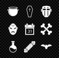 Set Halloween witch cauldron, Coffin with christian cross, Hockey mask, Bottle potion, Candy, Flying bat, Vampire and