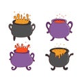 Set of halloween witches cauldrons with poison potion. Halloween elements. Trick or treat concept. Vector illustration