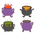 Set of halloween witches cauldrons with poison potion. Halloween elements. Trick or treat concept. Vector illustration