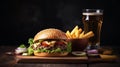 Set of hamburger beer and french fries, Dark background, fast food, american food, Royalty Free Stock Photo