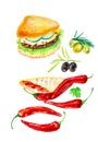 Set of hamburger, quesadilla, olives, olives and chili peppers. Watercolor illustration isolated on white background Royalty Free Stock Photo