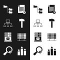 Set Hammer, Computer network, Folder tree, Unknown document, Mail server and Server, Data, Web Hosting icon. Vector